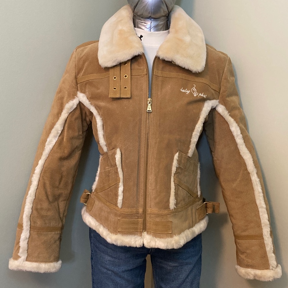 Baby Phat Vintage Tan Suede Jacket with Cream Faux Fur Trim